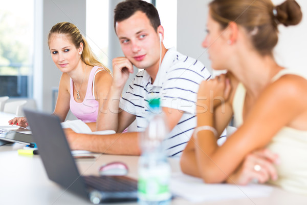 Biblioteki grupy studentów znajomych książek laptopy Zdjęcia stock © lightpoet