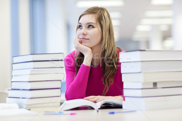 Könyvtár csinos női diák laptop könyvek Stock fotó © lightpoet