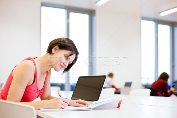Pretty, young college student studying in the library Stock photo © lightpoet