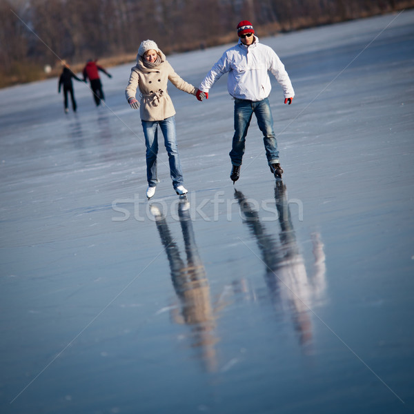 Foto d'archivio: Coppia · esterna · stagno · sereno · inverno