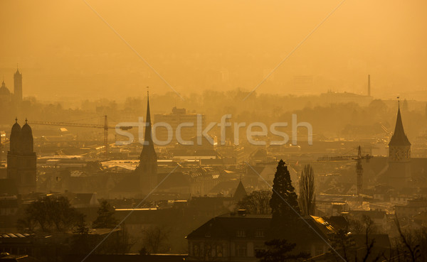 View of Zurich from above - misty winter evening and smoke Stock photo © lightpoet