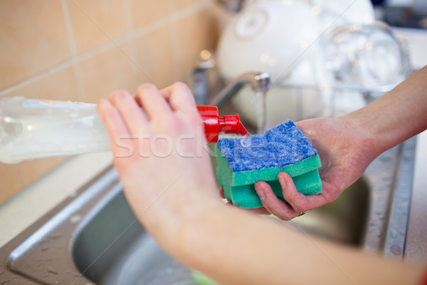  woman hands rinsing dishes under running water in the sink Stock photo © lightpoet