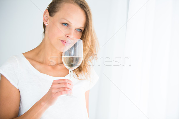 Jeune femme verre vin boire sip Photo stock © lightpoet