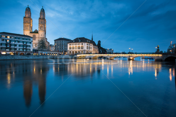 Zurich, Switzerland - nightview with Grossmunster church Stock photo © lightpoet