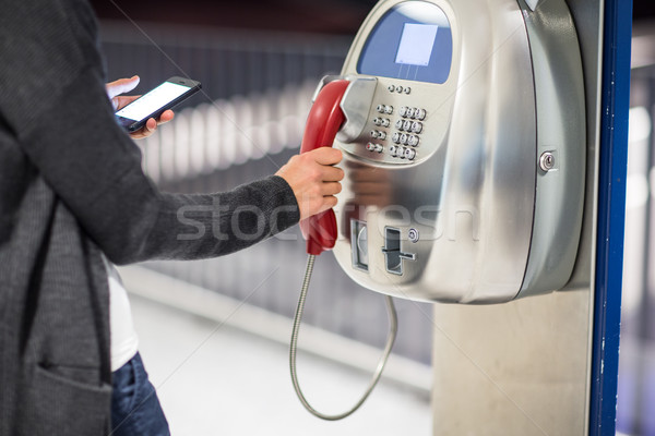 Beautiful young woman using a public phone in an airport Stock photo © lightpoet