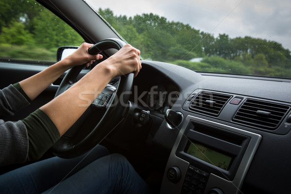 Male driver's hands driving a car on a highway  Stock photo © lightpoet