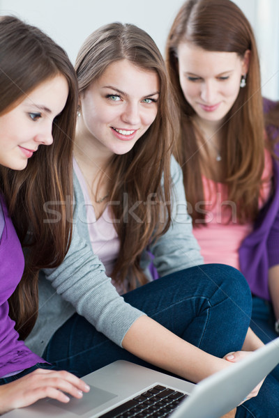 Feminino faculdade estudantes trabalhando lição de casa conversar Foto stock © lightpoet