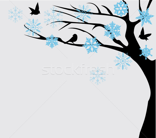 Stockfoto: Vogel · boom · vector · sneeuwvlokken · vogels · winter