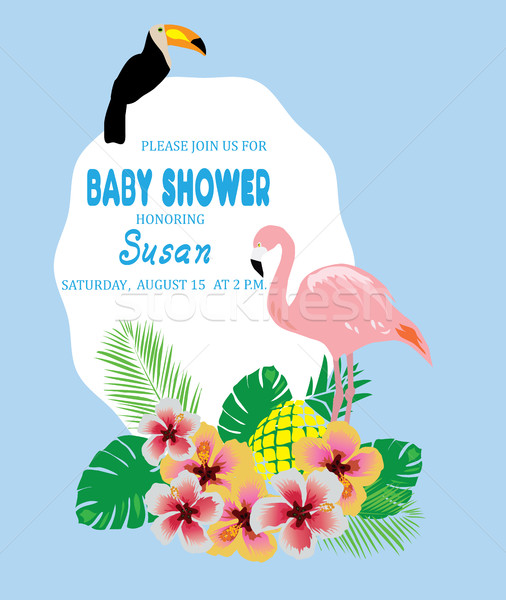 Bebê chuveiro cartão flor de cereja tropical aves Foto stock © lilac