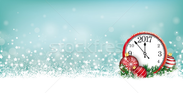 Ciánkék karácsonyi üdvözlet fejléc hópelyhek óra karácsony Stock fotó © limbi007