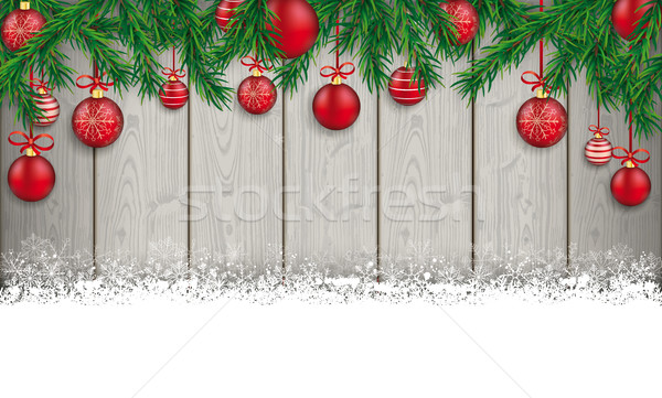 Christmas Wooden Header Fir Twigs Red Baubles Snow Stock photo © limbi007