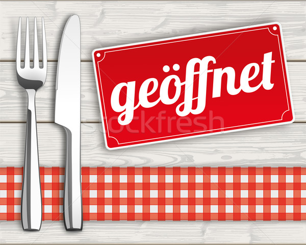 Wood Checked Cloth Knife Fork Sign Geoeffnet Stock photo © limbi007