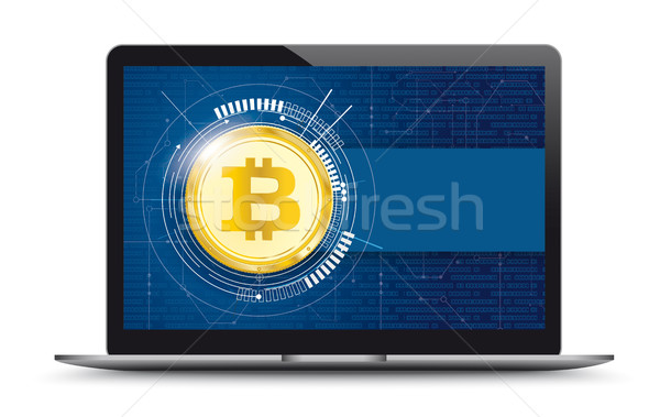 Fekete notebook arany bitcoin kék képernyő Stock fotó © limbi007