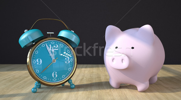 Banku piggy klasyczny drewniany stół 3d ilustracji zegar banku Zdjęcia stock © limbi007