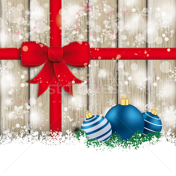 Stock photo: Snowfall Red Ribbon Ash Wood Blue Baubles