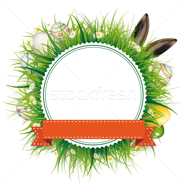 [[stock_photo]]: œufs · de · Pâques · lièvre · oreilles · emblème · ruban · herbe · verte