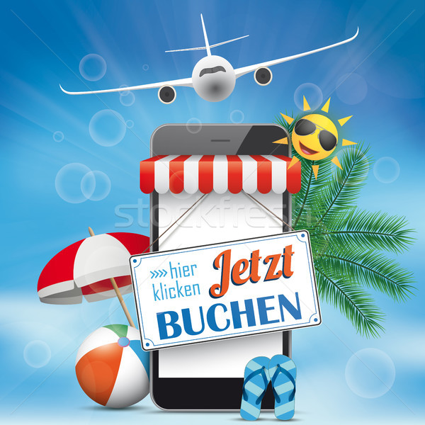 Blue Sky Smartphone Jetzt Buchen Plane Flip-Flops Sunshade Stock photo © limbi007