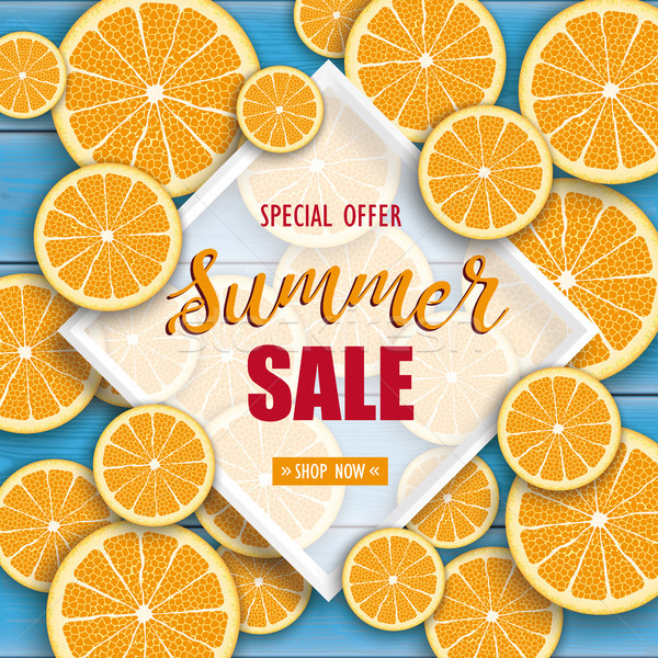 Stock photo: Blue Wood Orange Fruits Rhombus Frame Summer Sale