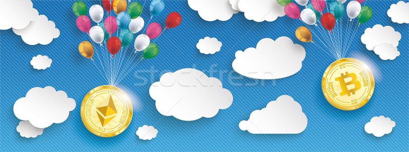 Stock photo: Paper Clouds Striped Blue Sky Balloons Bitcoin Ethereum Header