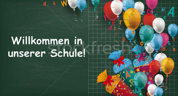 Blackboard Balloons Candy Cones Willkommen Schule Stock photo © limbi007