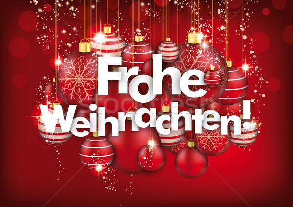 Hanging Red Baubles Frohe Weihnachten Red Background Stock photo © limbi007