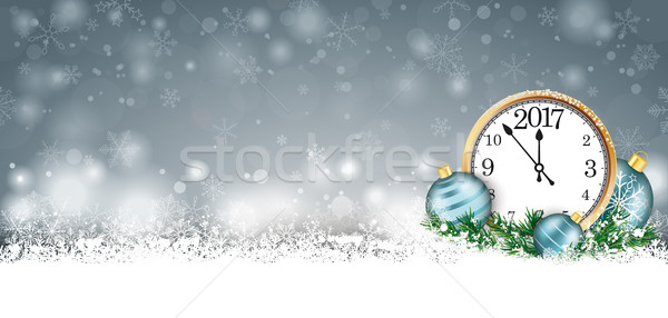 Gray Christmas Card Snow Cyan Baubles Twigs Clock 2017 Header Stock photo © limbi007