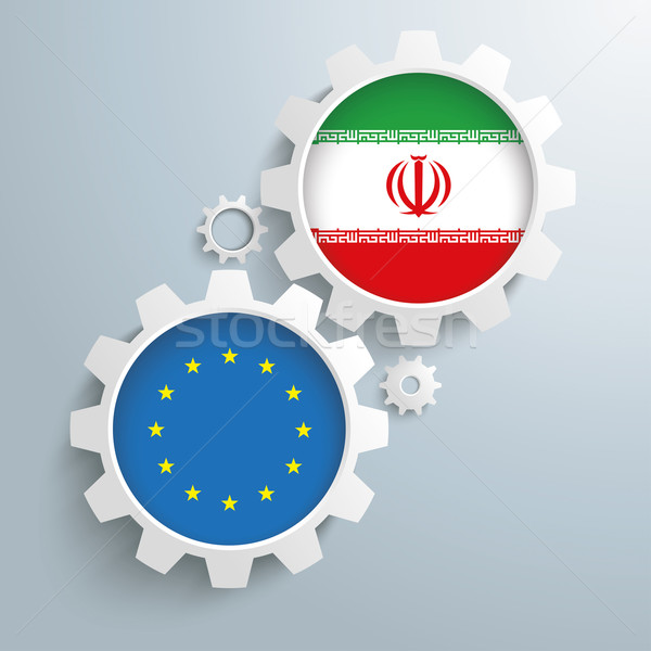 Irán EU együttműködés sebességváltó fehér zászlók Stock fotó © limbi007