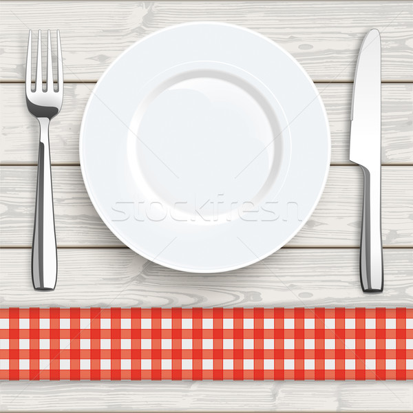 Wood Red Checked Cloth Knife Fork Plate Stock photo © limbi007