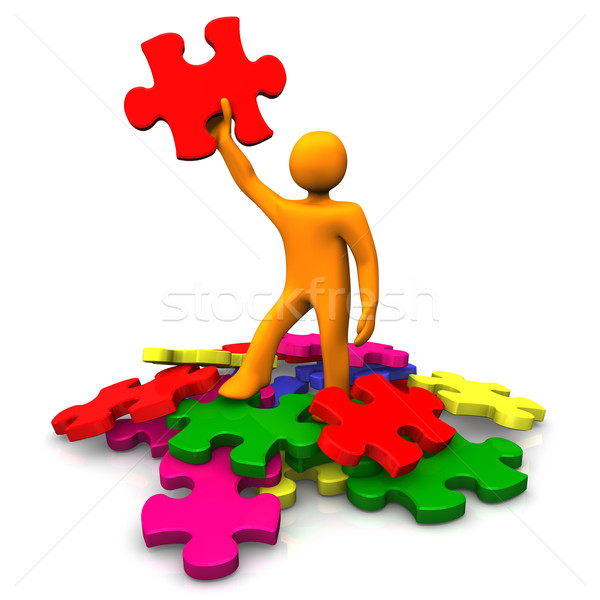 Rätsel orange Zeichentrickfigur richtig Puzzle Stück Stock foto © limbi007