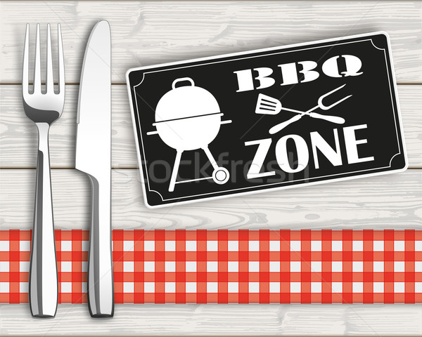 Wood Checked Cloth Knife Fork Sign BBQ Zone Stock photo © limbi007