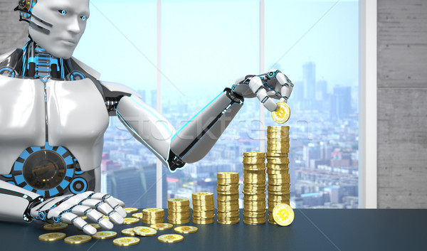 White Robot Golden Bitcoins Growth Chart Stock photo © limbi007