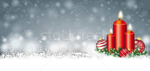 Gray Christmas Card Snow Baubles Twigs 3 Candles Header Stock photo © limbi007