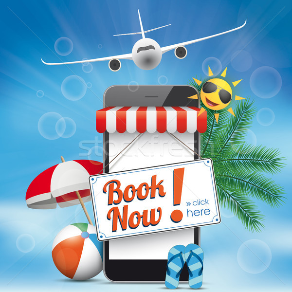 Blue Sky Smartphone Book Now Plane Flip-Flops Sunshade Stock photo © limbi007