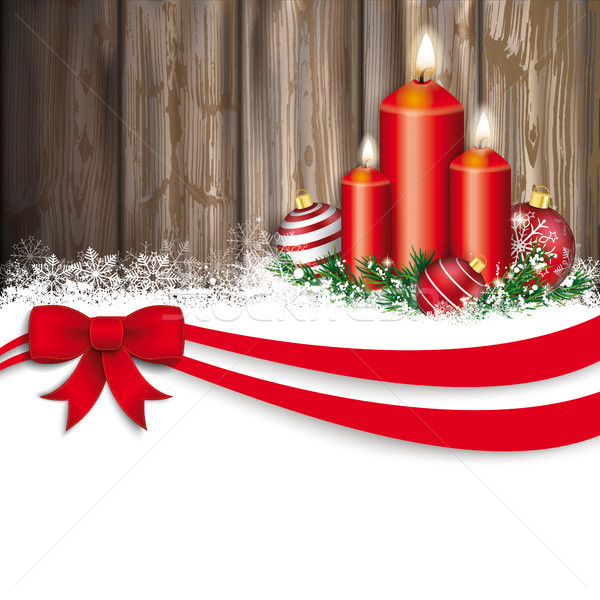 Karácsony vörös szalag csecsebecse gyertyák elnyűtt fa Stock fotó © limbi007