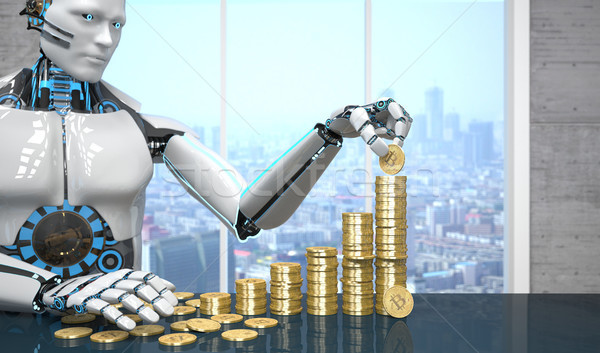 White Robot Golden Bitcoins Growth Chart Stock photo © limbi007