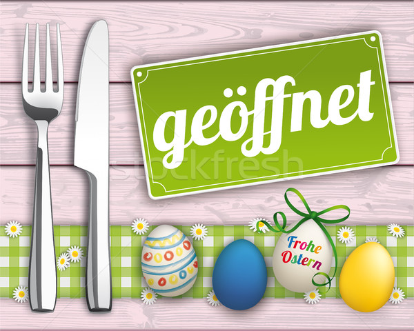 Easter Eggs Wood Checked Cloth Knife Fork Sign Open Stock photo © limbi007