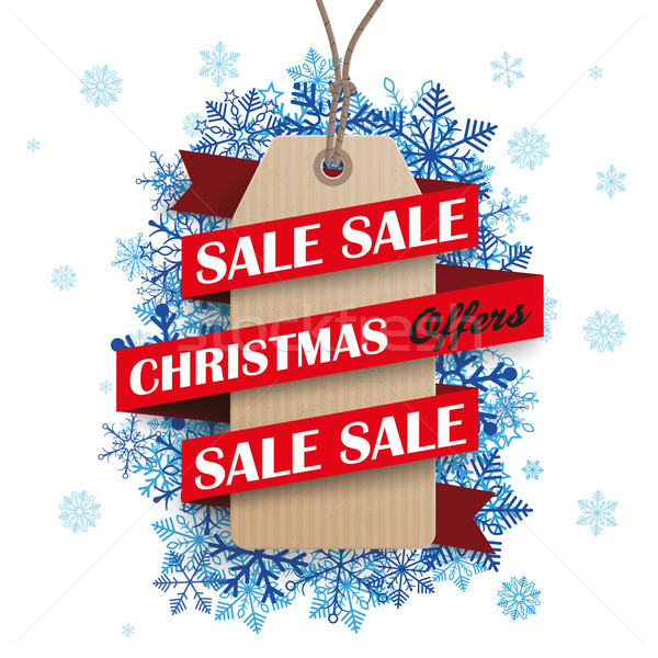 Christmas Sale Ribbon Cardboard Price Sticker Blue Snowflakes Stock photo © limbi007