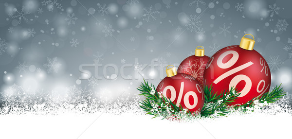 Gray Christmas Card Snow Red Baubles Twigs Percents Header Stock photo © limbi007