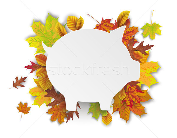 Stock foto: Weiß · Papier · Sparschwein · Herbst · Laub · eps