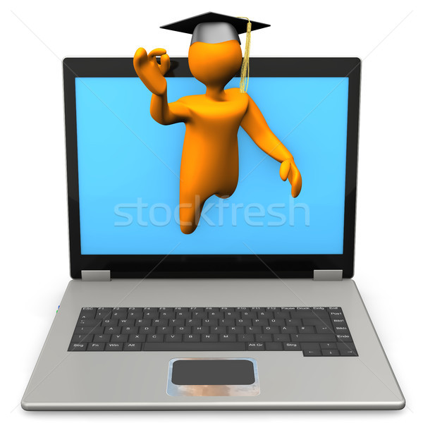 Legjobb online oktatás narancs rajzfilmkarakter diplomás laptop Stock fotó © limbi007