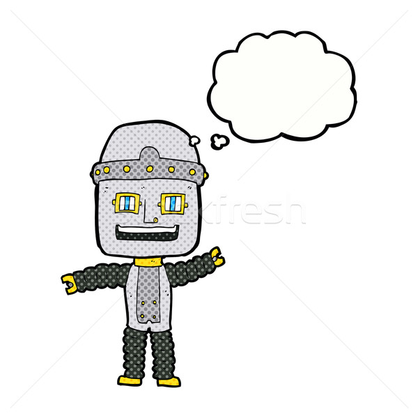 Foto stock: Cartoon · robot · burbuja · de · pensamiento · mano · diseno