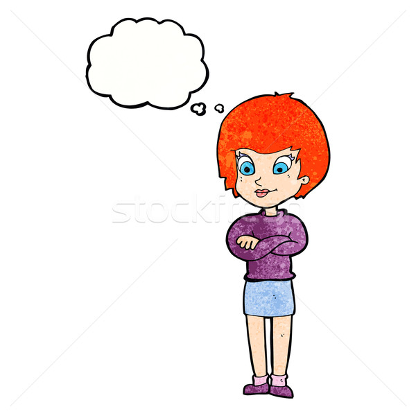 Cartoon orgulloso mujer burbuja de pensamiento mano feliz Foto stock © lineartestpilot