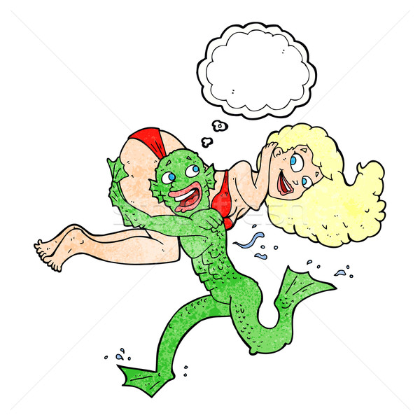 cartoon swamp monster carrying girl in bikini with thought bubbl Stock photo © lineartestpilot