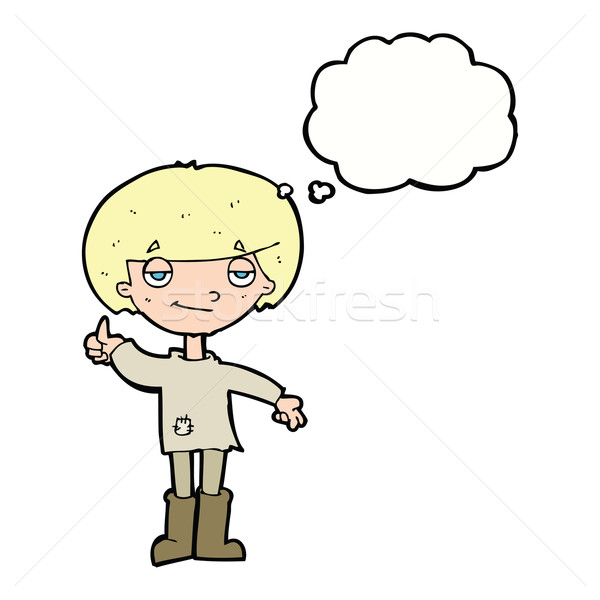 cartoon boy in poor clothing giving thumbs up symbol with though Stock photo © lineartestpilot