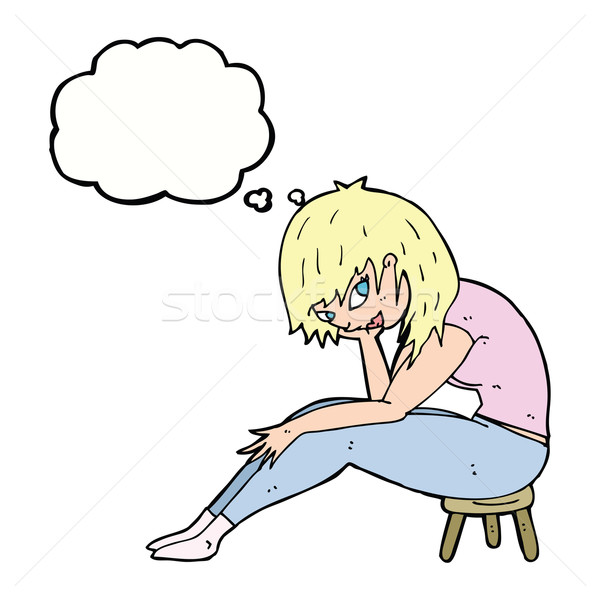 Сток-фото: Cartoon · женщину · сидят · небольшой · стул · мысли · пузырь