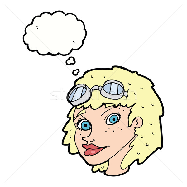 cartoon happy woman wearing aviator goggles with thought bubble Stock photo © lineartestpilot
