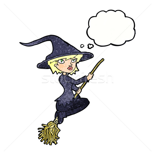 Stock photo: cartoon witch riding broomstick with thought bubble