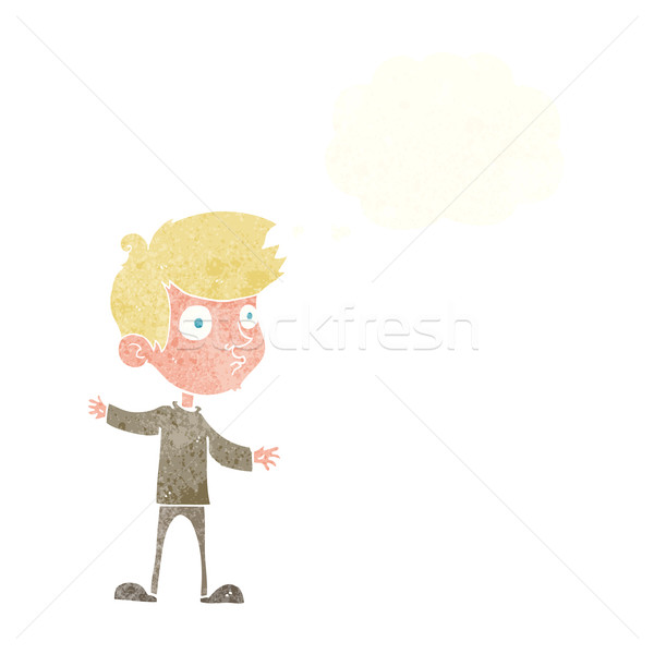 Cartoon nieuwsgierig jongen gedachte bel hand man Stockfoto © lineartestpilot