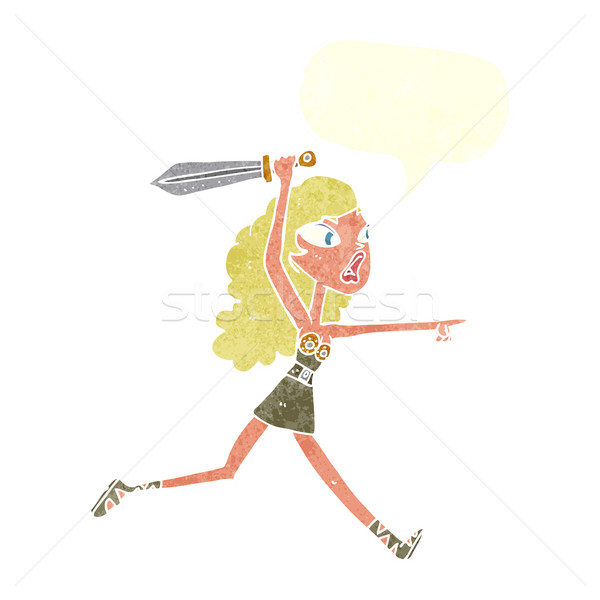 cartoon viking girl with sword with speech bubble Stock photo © lineartestpilot