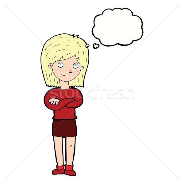 Stock photo: cartoon friendly girl rolling eyes with thought bubble